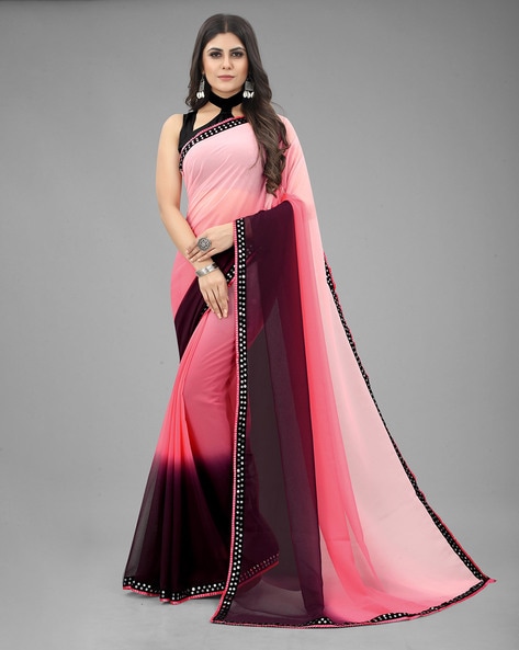 Black And Pink Flower Print Viscose Saree -