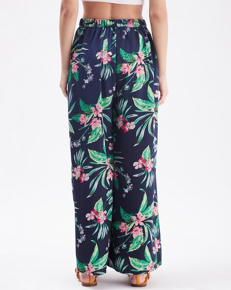 Plus Size Black Tropical Print Tapered Harem Trousers | Yours Clothing