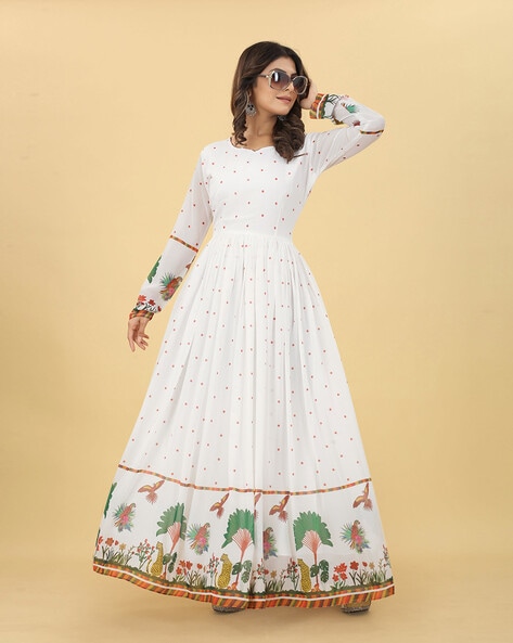 Mesmerizing White Embroidered Georgette Gown With Red Dupatta – Kaleendi