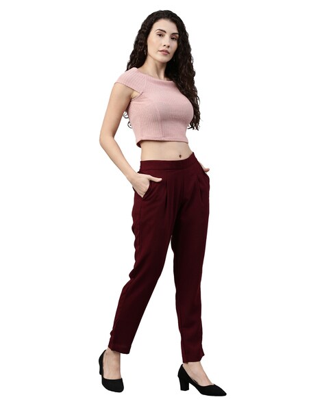 Burgundy Front Pleat Tapered Pants