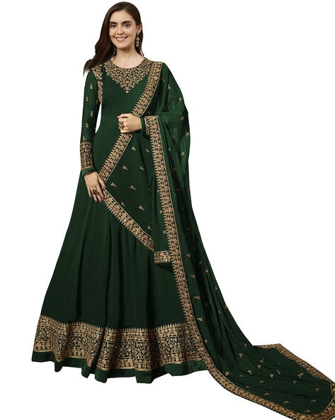 Bottle Green & Gold Panelled Banarasi Anarkali - Absolutely Desi