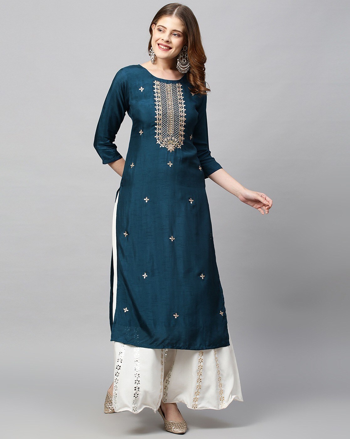 Ethnic Printed & Embroidered Straight Fit Kurta - Olive Green – FASHOR