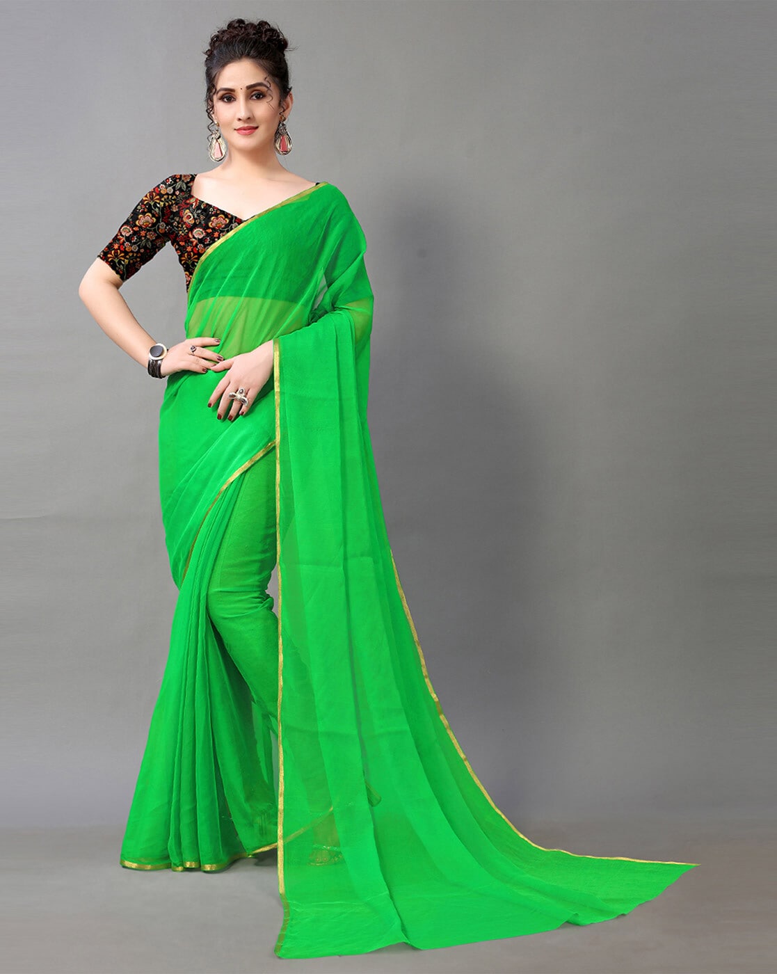 Light Parrot Green Silk Jacquard Contrast Blouse Saree EK1328184 | Contrast  blouse, Saree, Blouse designs