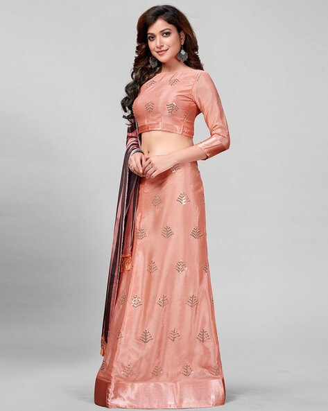 Embroidered Velvet Lehenga in Shaded Peach and Teal Blue : LNJ474