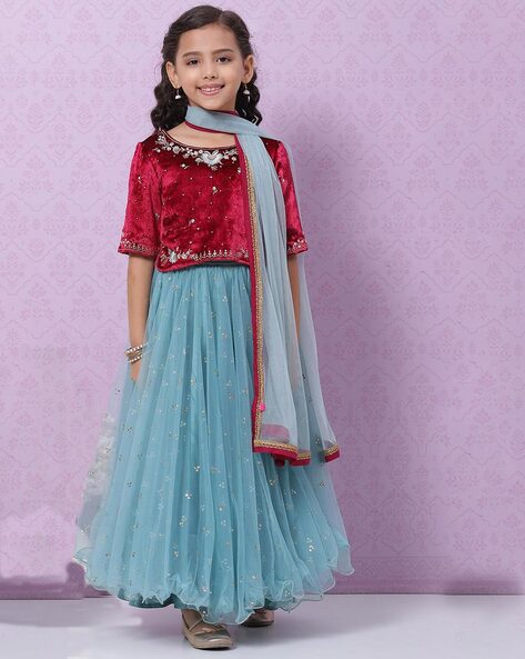 Aqua Print Full Length Ethnic Girls Tiered Fit Lehenga Choli Set - Selling  Fast at Pantaloons.com