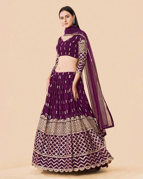 Wine Colored Soft Net Fabric Lehenga Choli With Mirror Work