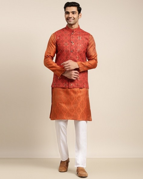 Men's Peach Color Nehru Jacket With Kurta Pant Set - Hilo Design | Kurta  with pants, Nehru jackets, Pants set