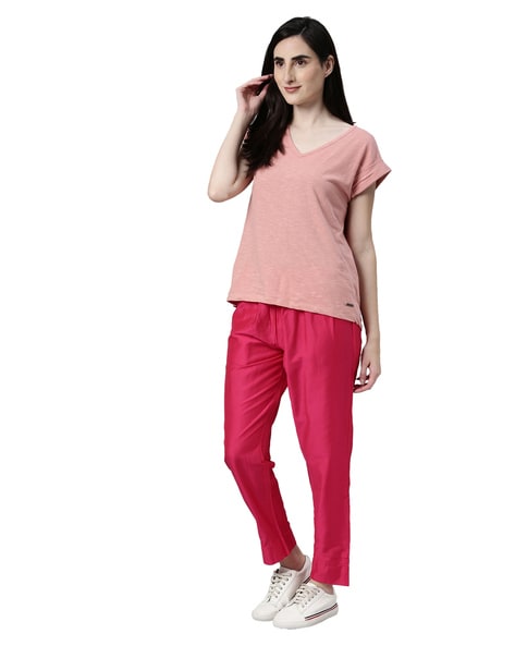 Buy Women's Solid Bright Red Viscose Casual Pants Online | Go Colors