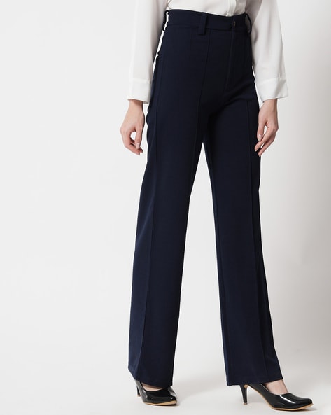 Buy Marks  Spencer Women Navy Blue Straight Fit Solid Formal Trousers   Trousers for Women 2023964  Myntra