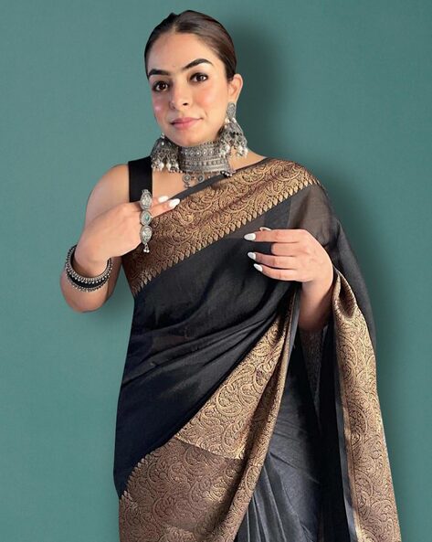 Shop Now Black Color Pure Chiffon Plain Sarees With Broad Border Work –  Lady India