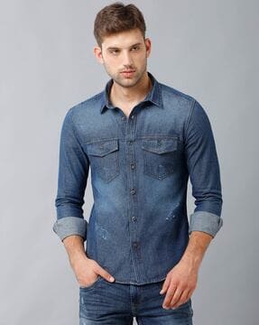 PROTOTYPE Slim Fit Denim Shirt For Men (Blue, L)
