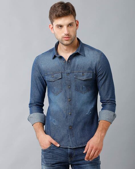 Ice Wash Denim Slim Fit Shirt with Double Pockets – Derby Clothing Pvt. Ltd.