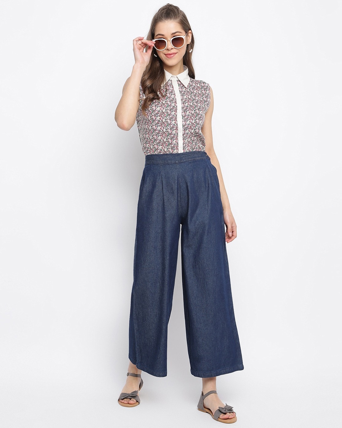 Women's & Girls Stylish Palazzo Style Regular Fit Casual Denim Jeans (Sky  Blue)