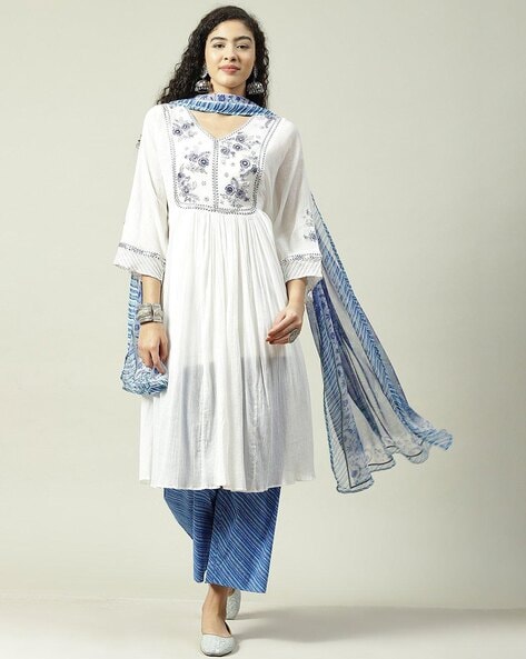 Buy Biba Womens Blue Printed Voile Anarkali Suit (Set of 3) online