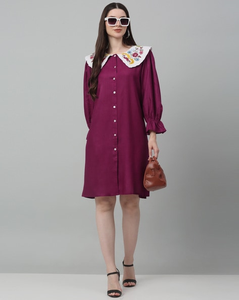 Buy Allegra K Women's Star Peter Pan Collar Dresses Fit and Flare Puff  Sleeve Shirt Dress L Pink at Amazon.in