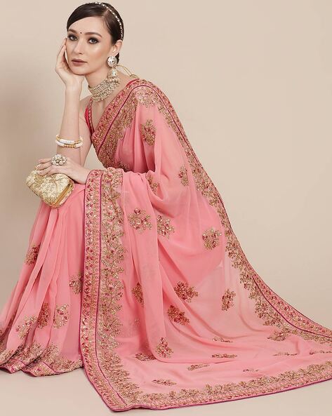 Blush Pink Resham Embroidered Net Saree