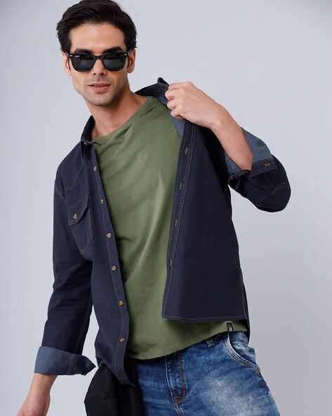 18+ Men's Denim Cutaway Collar Slim Fit Full Sleeve Casual Shirt Blue  Shaded Medium : Amazon.in: Clothing & Accessories