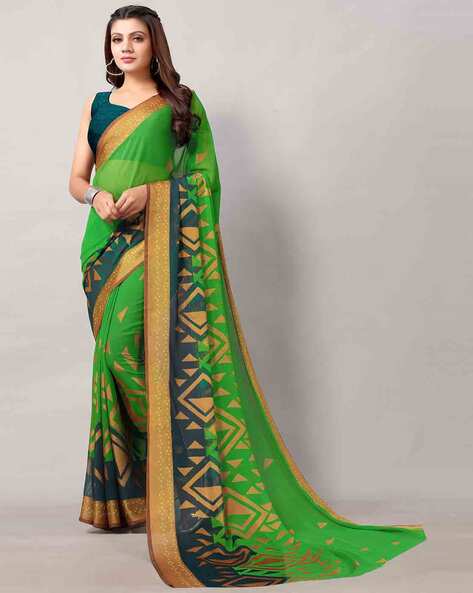 Sale Online Turquoise Green Brasso Printed Saree|SARV136871