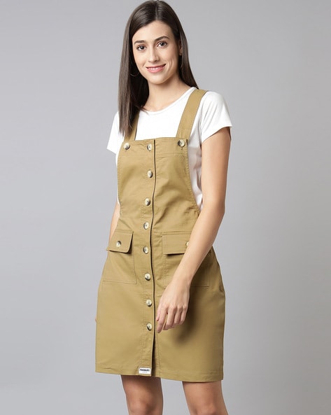 Buy Roadster Women Khaki Solid Midi Dungaree Dress With Studs - Dresses for  Women 7370282