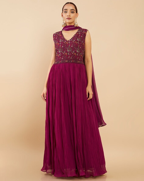 Pure Georgette Fabrics Party Wear Readymade Gown In Wine Color With  Embroidery Work - Gown