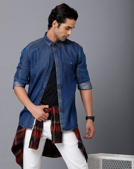 Buy Deep Indigo Blue & White Stitch Check Denim Shirt Online at Muftijeans