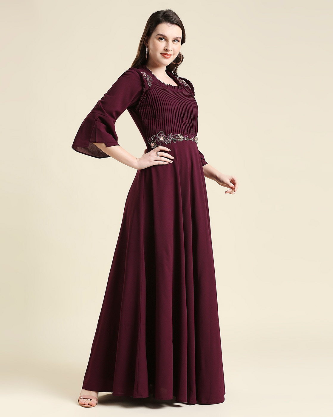 Elegant Maroon Silk Georgette Designer Gown | Designer gowns, Gowns, Solid  maxi dress