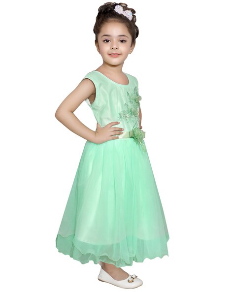 Textile moth dress- light lime green ruffled gown with colorful embroidery  moth | Ruffled gown, Kids frocks, Kids gown