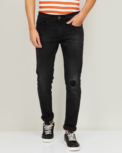 Men's Street Style Black Slim Fit Ripped Denim Jeans - Temu