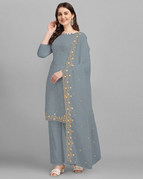 Dress Material/ Unstitched Dress For Women And Girls Synthetic Crepe Dress  Material In Blue And Cream