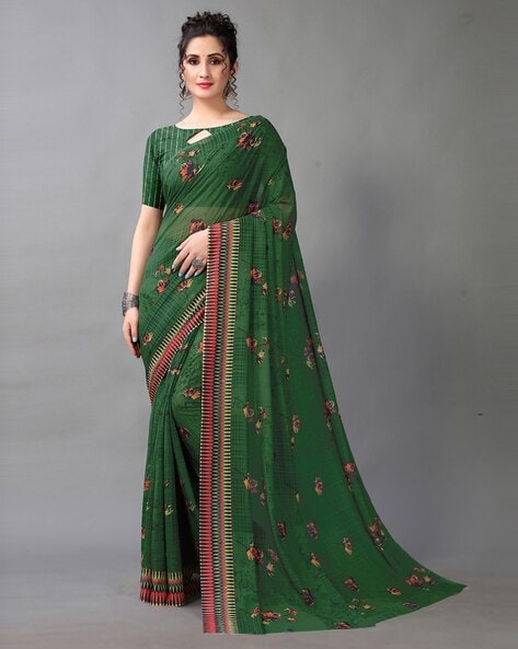 Buy online Dark Green Printed Silk Satin Saree With Blouse from ethnic wear  for Women by Jinaam for ₹2780 at 0% off | 2024 Limeroad.com