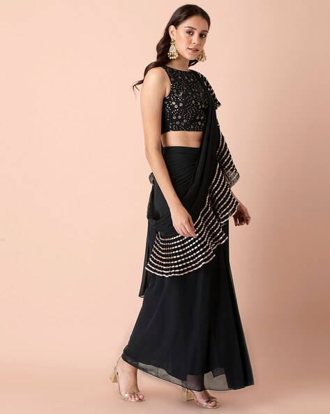 Buy Metallic Blue Draped Skirt And Blouse With Heavy Embroidery