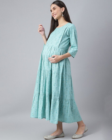 Buy Zelena 3/4th Sleeves Feeding Maternity Dress With Embroidery Neck &  Pocket - Green online