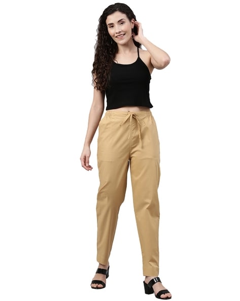 Buy GO COLORS Women Beige Solid 100% Cotton Pants Online at Best