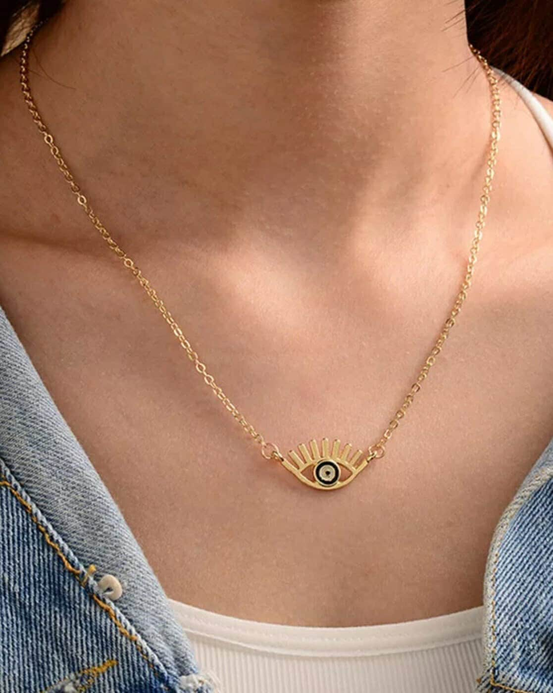 14K Solid Yellow Gold Minimalist Evil Eye Necklace – LTB JEWELRY