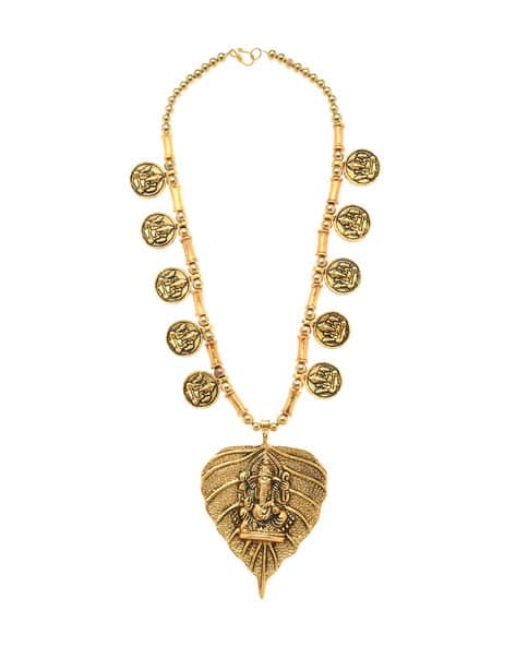 Ganesh Design Pendant Golden Color Beads Long Necklace