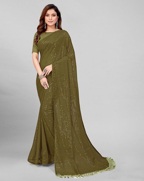 Olive Green Woven Banarasi Silk Saree – Zari Banaras