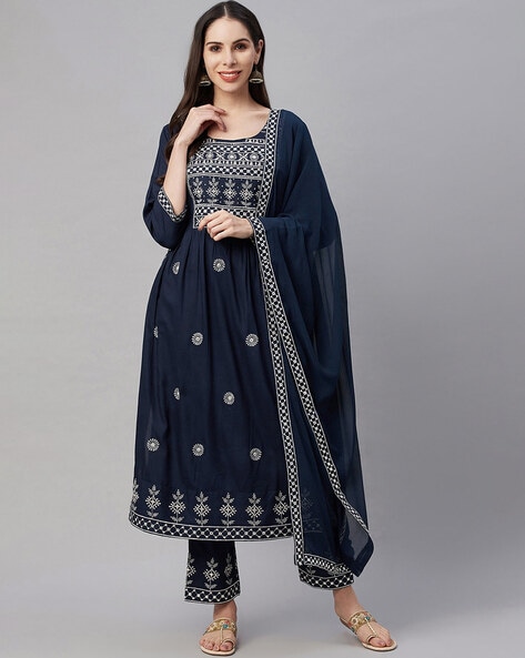 Indian A Line Style Kurta / Kurti, Navy Blue Color Elegant Long Suit Dress,  Leggings & Banarasi Dupatta Set, Silky Smooth Designer Suit 