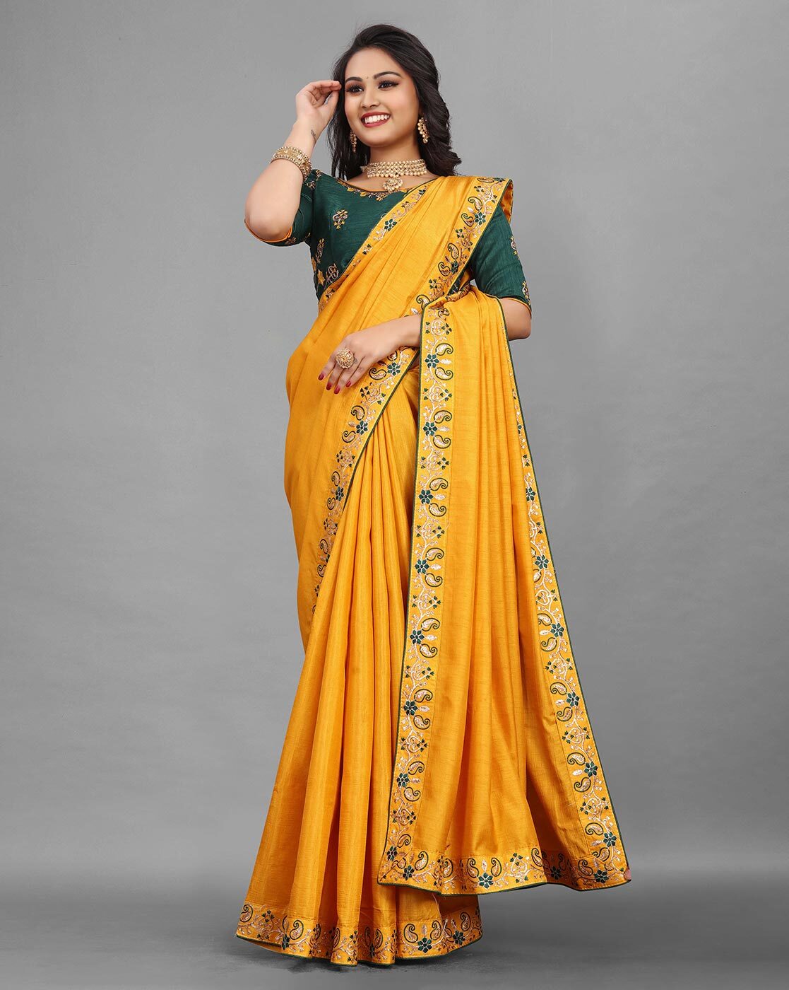 Buy Mustard Yellow Saree With Gold Border Online in the USA @Mohey - Saree  for Women
