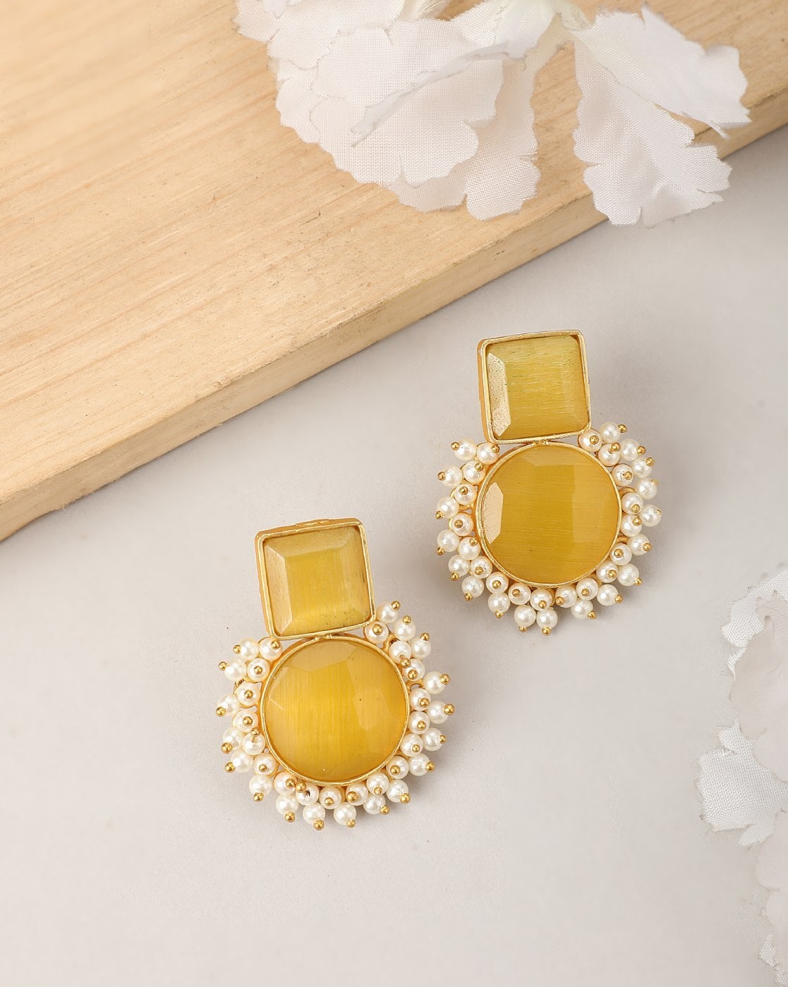 Bollywood Light yellow Stone diamond Danglers Earrings | Gemzlane