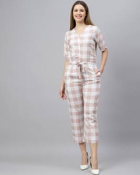flamboyant Checked Jumpsuit with Waist Tie-Up-picture-24