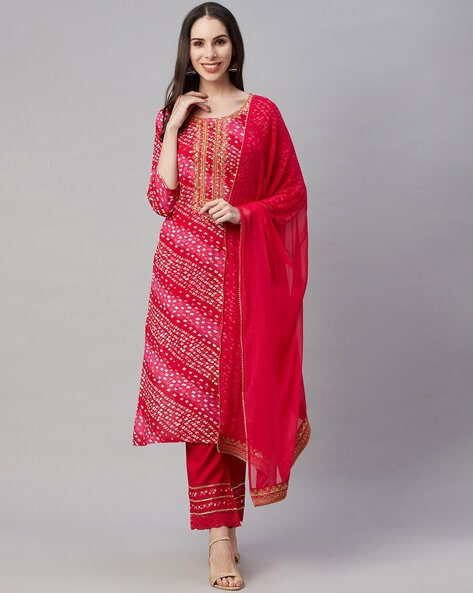 Embroidered Straight Kurta & Pants Set with Dupatta