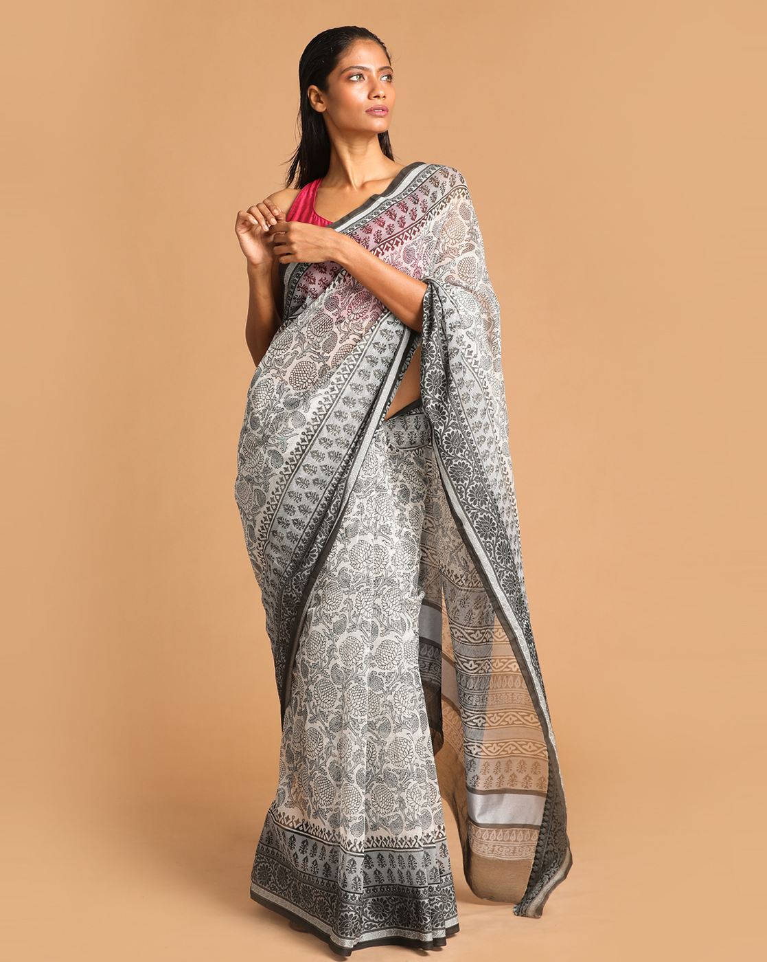 Buy Greyish Green Handloom Kota Pink Booti Supernet Saree (with Blouse)  12682 | www.maanacreation.com