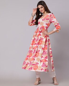 Floral Print Front-Slit Flared Kurta