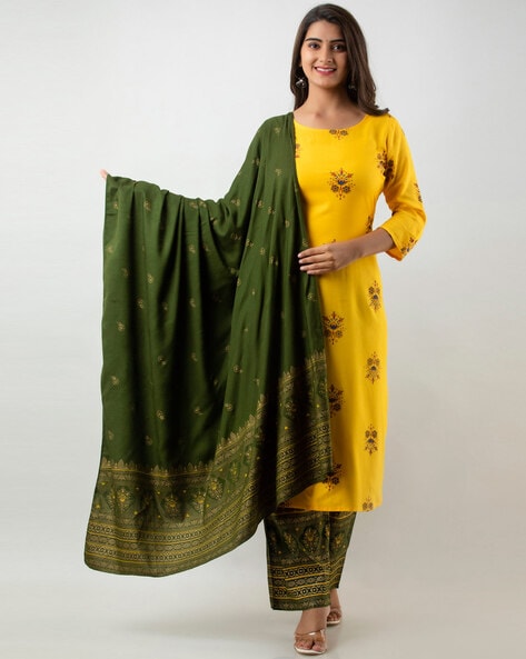Yellow & Sky Blue Pant Style Suit With Dupatta
