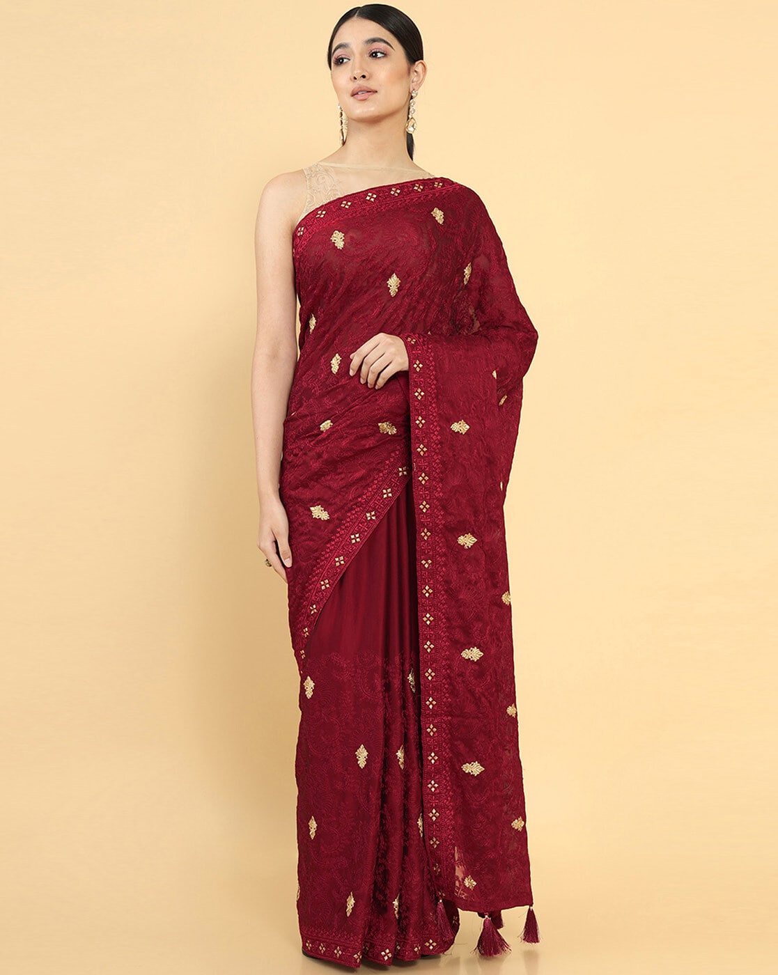 Soch Fuchsia Chiffon Zari Embroidered Saree with Stonework