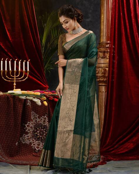 BOTTLE GREEN ORGANZA SILK SAREE WITH HANDPAINTED FLOWERS – Tina Eapen  Design studio