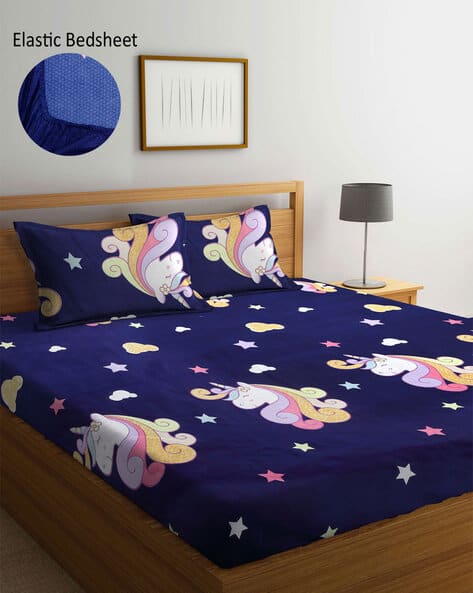 Unicorn Print Double Bedsheet with Pillow Covers