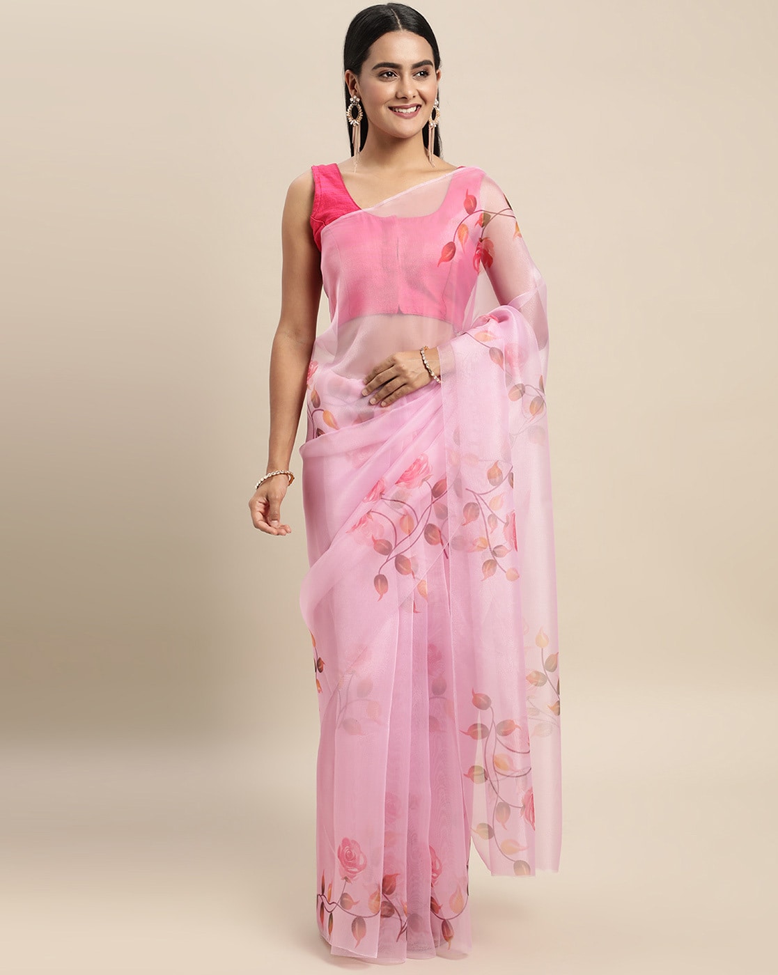 Baby Pink Floral Khadi Organza Saree With Arco Border | Saavi