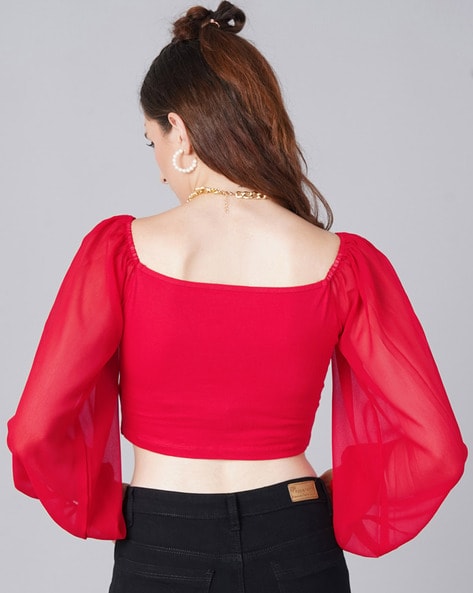 Buy RED V-NECK 3/4TH LANTERN SLEEVE CROP TOP for Women Online in India