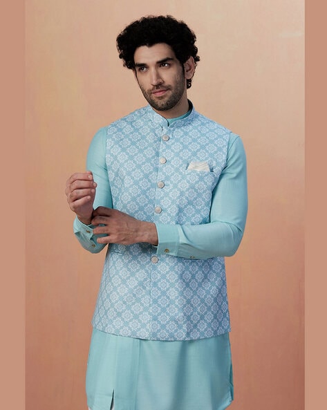 Buy Dark Blue Floral Design Kurta Jacket Set Online in the UK @Manyavar - Kurta  Jacket Set for Men